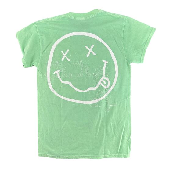 Nirvana Band T-Shirt Mint Green Smiley Face Distressed Screen Print New Small - Picture 3 of 6
